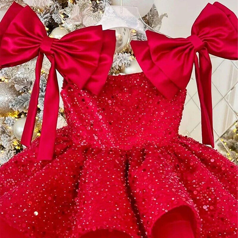 Robe trapèze rouge à paillettes pour filles, robes tutu en tulle, nœud à carreaux, fête de Noël, nouvel an, enfants, tout-petit