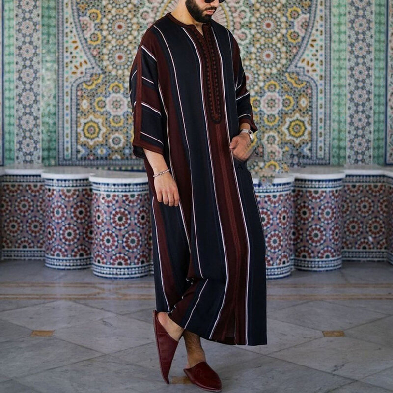 Men Muslim Long Striped Robes Spring Summer Islamic Arabian Kaftan Clothing Saudi Arab Middle East Dubai Abaya Retro Jubba Thobe