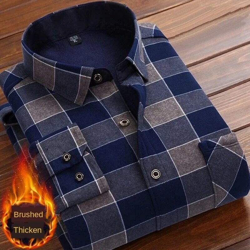 Camisa formal para homem 2020 de manga longa lã quente xadrez oversized xadrez gola camisa inverno veludo roupas quentes xadrez