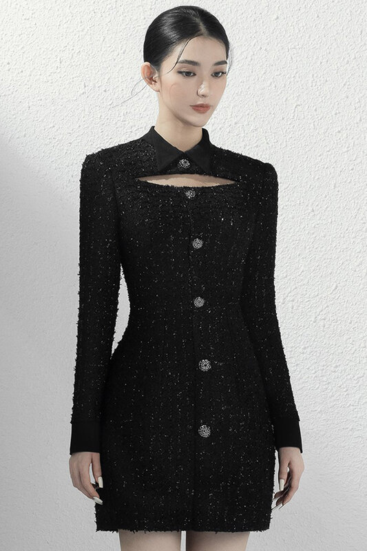 Женское платье из твида, маленькое черное светильник кое платье, полуторжественное платье принцессы, черное платье с вырезом под ключ