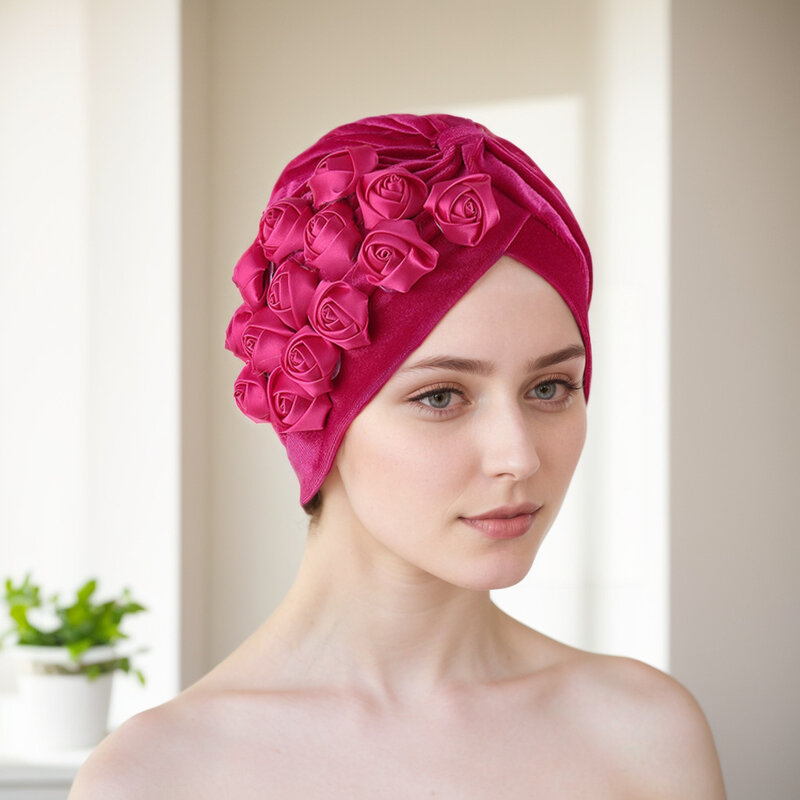 Rose flores veludo turbante bonés para mulheres, muçulmano headwear, islâmico lenço, gorro, feminino cabeça wraps, perda de cabelo, Chemo Cap, bandana