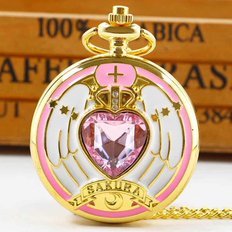 Pink Cute Cherry Blossom Diamond Inlaid Quartz Pocket Watch Necklace for Women Children's Birthday Graduation Gift Souvenir