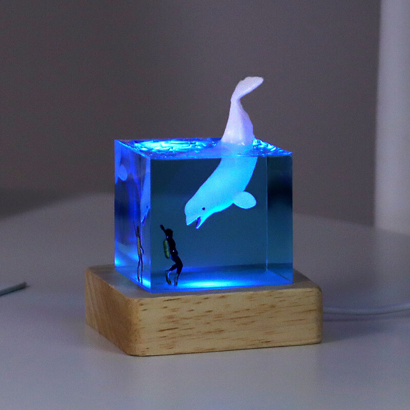 5cm Cube Organism Resin 7Colors Table Light Creactive Art Decoration Lamp Whale Dolphin Shark Theme Night Light  USB Charge