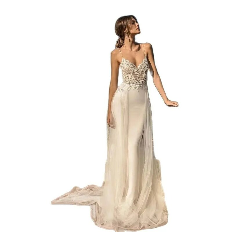 2 In 1 Long Train Mermaid Wedding Dress 2024 Spaghetti Straps V-Neck Sleeveless Lace Party Dresses Backless vestidos de novia