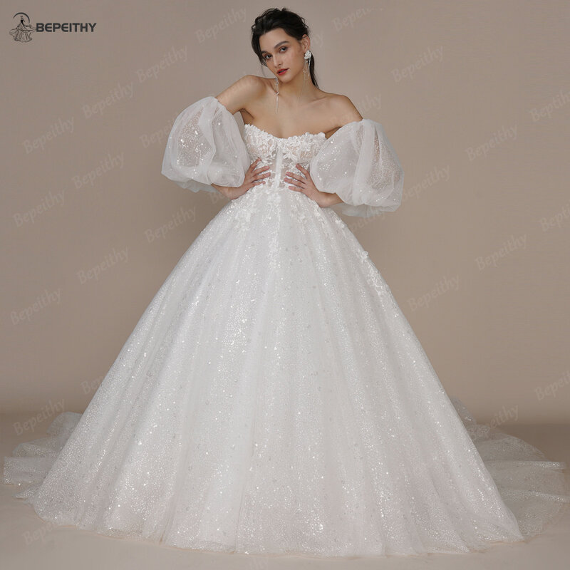 BEPEITHY Princess Strapless Ivory Glitter Wedding Dresses 2023 For Women Court Train Bride 3D Flower Romantic Shinny Bridal Gown