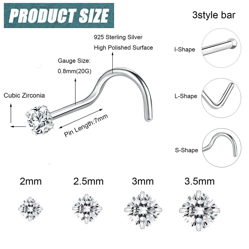 ZS 1PC 18/20G 925 Sterling Silver Nose Stud Gold Cor Cristal Nariz Piercings Parafuso L-Shape Retainer Nostril Piercing 2-3.5mm
