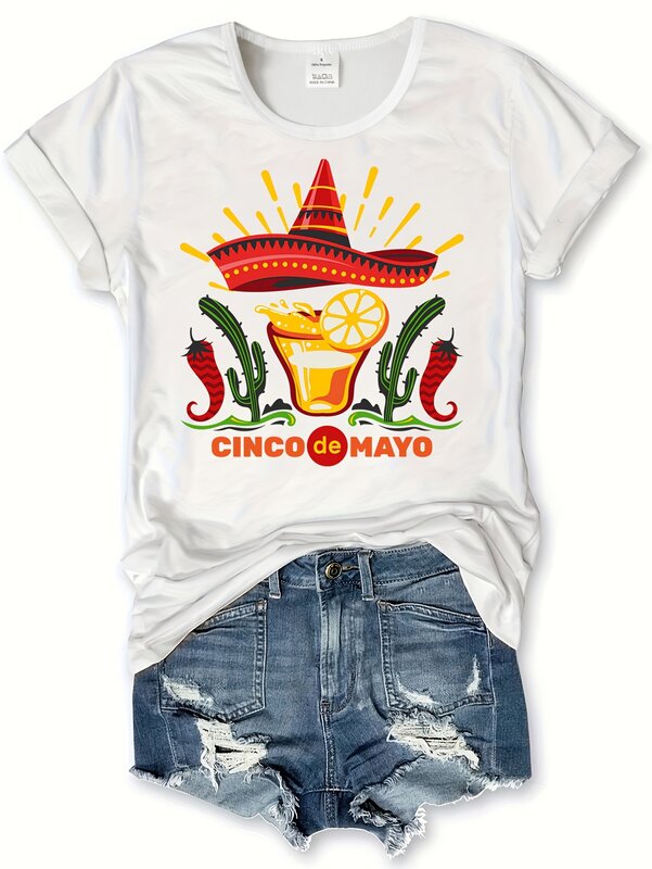 قبعة نسائية من Cinco De Mayo مطبوعة بأكمام قصيرة برقبة دائرية ملابس علوية كاجوال وصيف وربيع