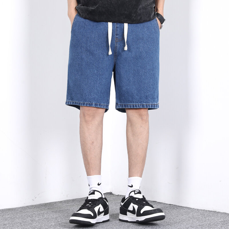 2024 New Minimalist Comfortable Summer Solid Color Thin Men's Pocket Elastic Waist Drawstring Loose Casual Straight Denim Shorts