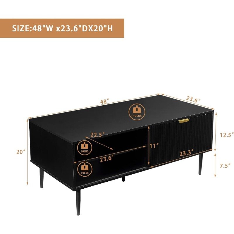Black Coffee Table, 48" Modern Center Table for Living Room, Cocktail Table w/Waveform Panel Sliding Door, Large Storage Space