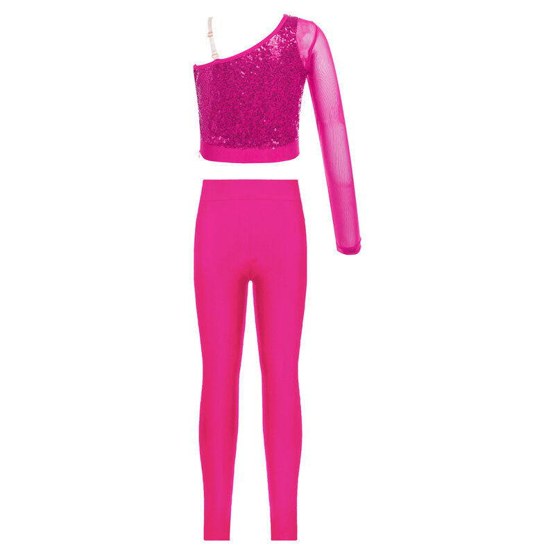 Kids Girls Jazz Dance Costume Outfit Sequins Dance Top Sheer Mesh One Shoulder Crop Top with Elastic Waistband Stretchy Leggings
