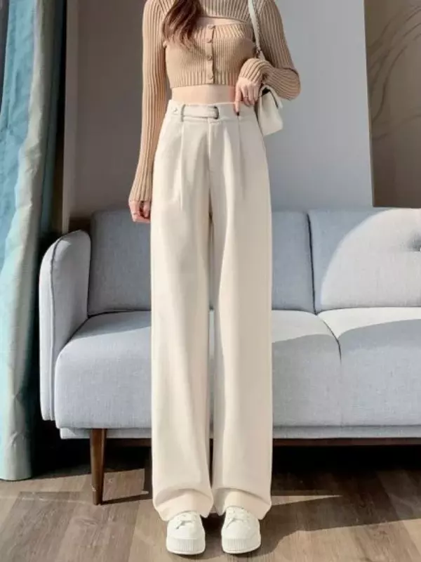 กางเกงขนแกะเอวสูงตรงทรงหลวมสำหรับผู้หญิงกางเกงแฟชั่นขากว้างแบบลำลองสำหรับฤดูใบไม้ร่วง/ฤดูหนาว