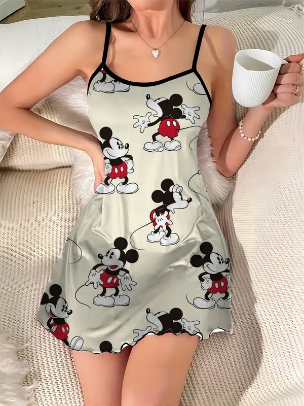Vestido corto de verano con falda de pijama y cuello redondo, minivestido de Minnie Mouse, Disney, Mickey, satén, con ribete de lechuga, elegante y a la moda, 2024