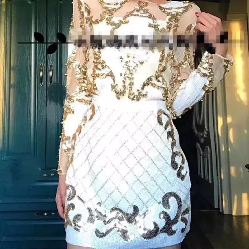 2 Pcs Set Women Sparkling Sequin Gold Crop Tops Flower Shirt Shiny Transparent Gauze With Mini Short Skirt Night Club Party 2024