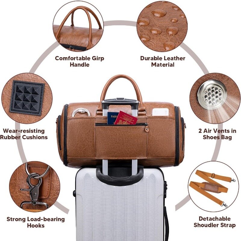 Convertible Garment Duffle Bag for Men Women, Leather Travel Weekend Bag,Pouch, Detachable Shoulder Strap