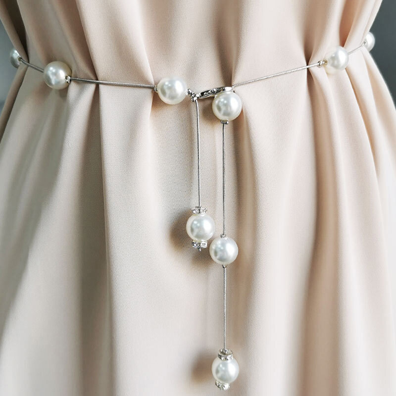 女性用の調節可能な薄い金属チェーンベルト,女性用のシンプルなパールベルト,スリムなドレス,装飾ジュエリー
