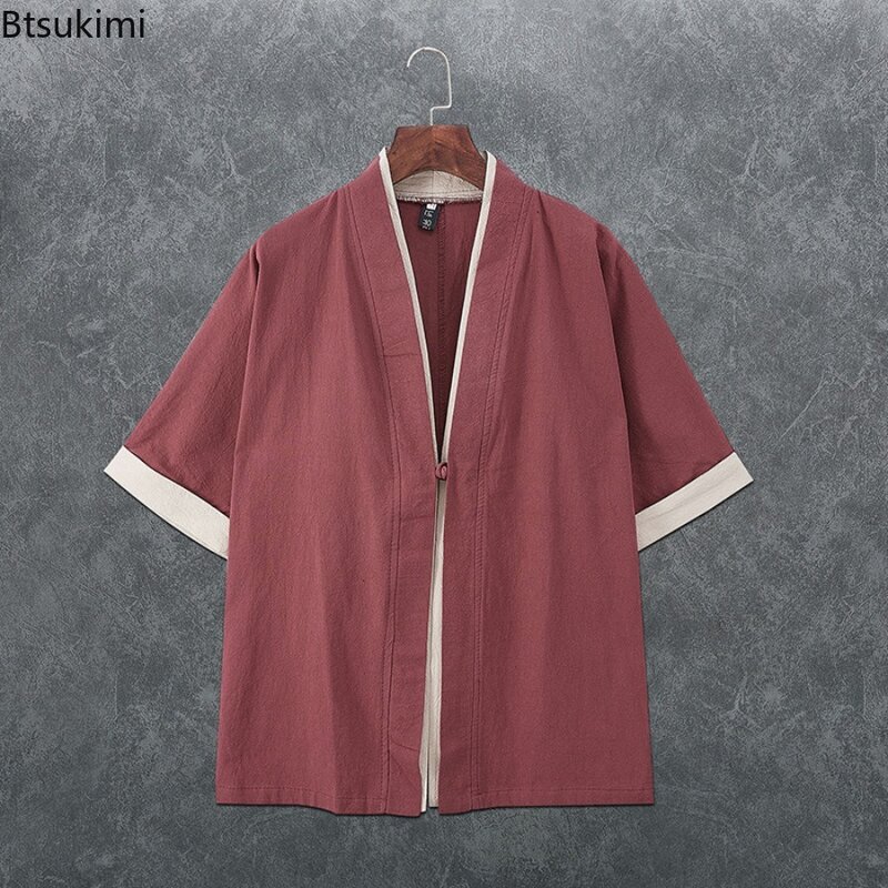 Quimono de linho estilo chinês masculino, cardigã solto, tops casuais patchwork, tendência do casaco, camisa harajuku, moda hanfu, novo