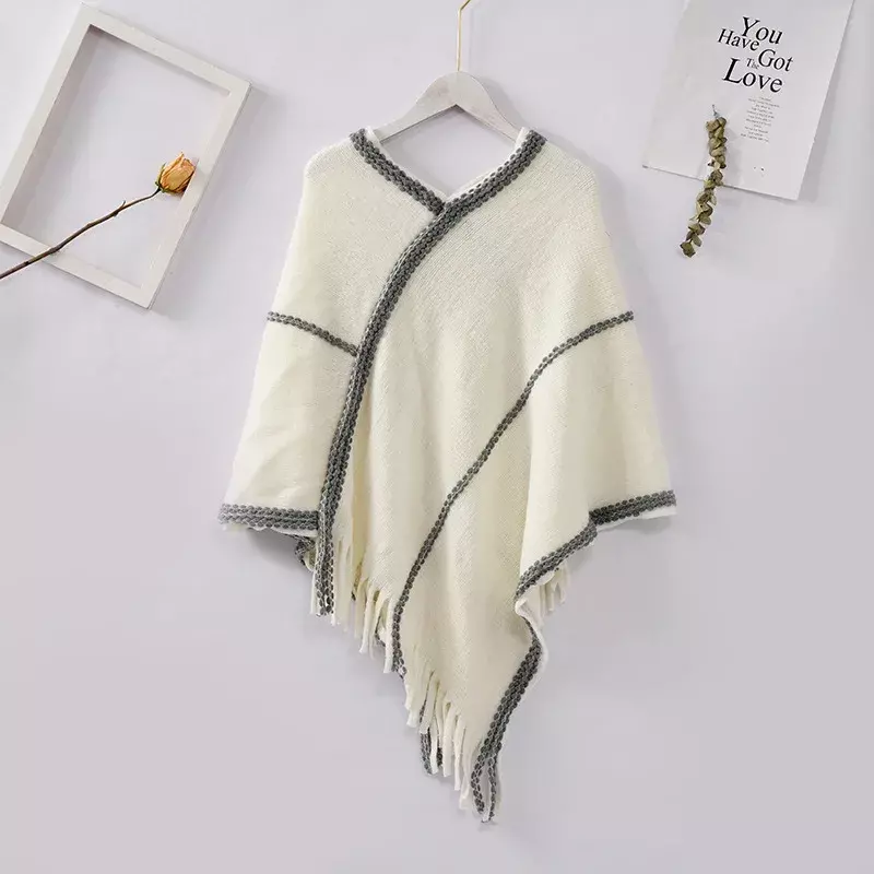 2024 Autumn Winter National Style Knitted Imitation Rabbit Hair Scarf Female Pullover Tassel Cloak Shawl Poncho Capes Gray
