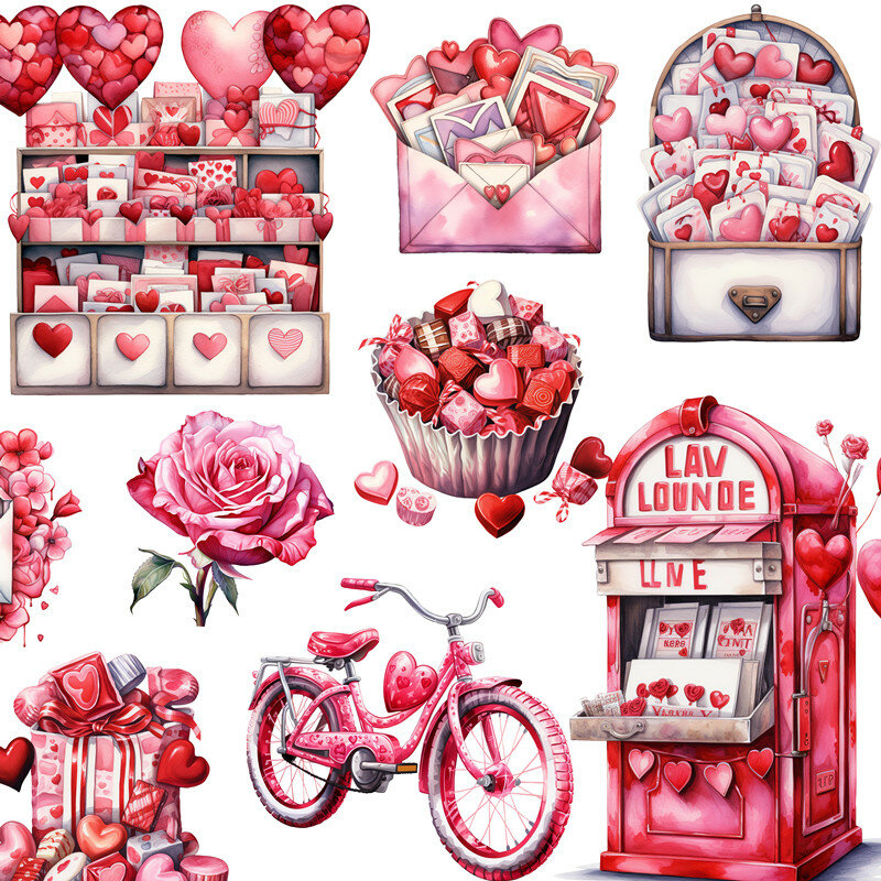 12 buah/pak stiker hari kekasih merah muda stiker dekorasi jurnal sampah Album buku tempel kerajinan DIY