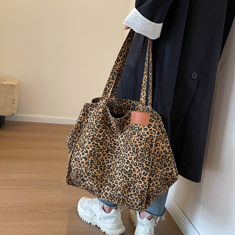 Oversized Leopard Prints Shoulder Bags For Women Deformable Canvas Large Capacity Shopping Totes 2023 Winter New Luxury Handbags