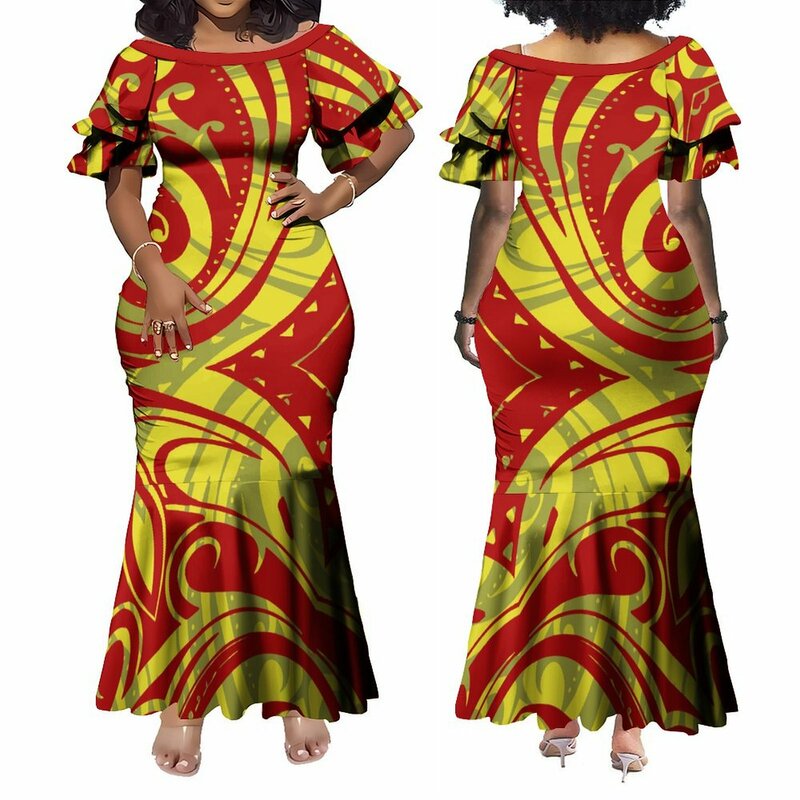Polinezyjska sukienka damska maksi tkanina wysokiej jakości hawajski Vintage Art kwiatowy nadruk niestandardowy nowy sukienka z rybim ogonem mankiet lotosu kwiatowy nowy De