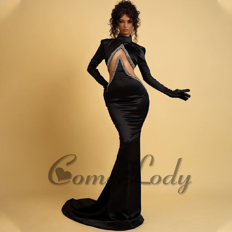 Comelody-Sereia Ocasião Especial Vestidos para Mulheres, Tecido Saudita, Manga Comprida, Vestido Halter, Feito sob encomenda