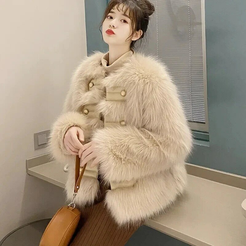 여성용 한국 더블 브레스트 모조 여우 모피 코트, 두꺼운 모피 재킷, 럭셔리 디자인, 겨울 모피 코트, 2023 신상