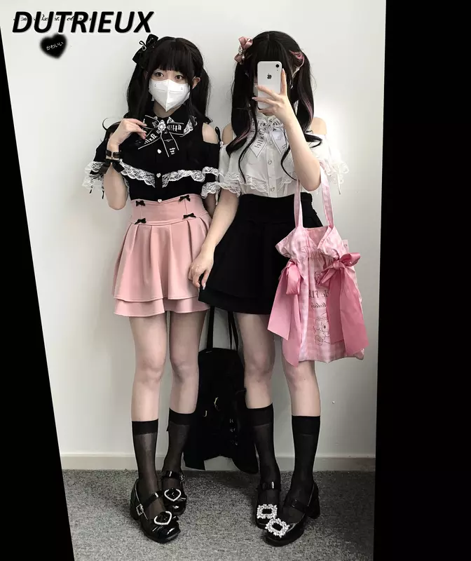Lolita Japanse Stijl Kant Off-Shoulder Shirt Lente Zomer Dames Tops Mode Zoete Schattige Korte Sleve Blouse Voor Dames