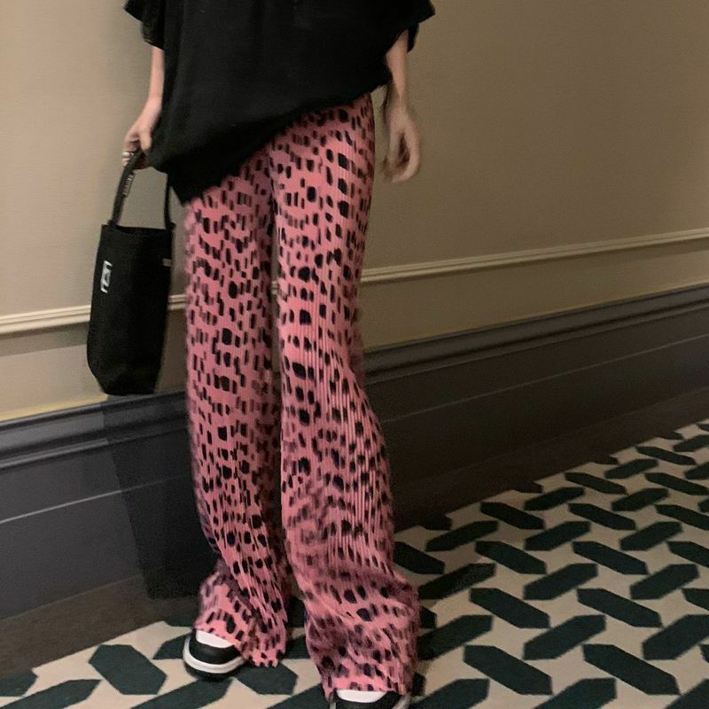 Calça casual com estampa leopardo rosa feminina, design plissado, pernas retas e soltas, emagrecedora e arrastando o chão