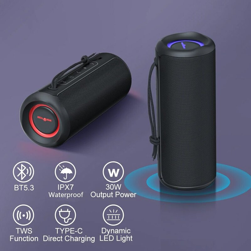 WISETIGER P3 Speaker Bluetooth portabel, Speaker Bluetooth portabel 30W luar ruangan IPX7 tahan air Bass Boost kotak suara TWS pemasangan ganda BT5.3 lampu RGB