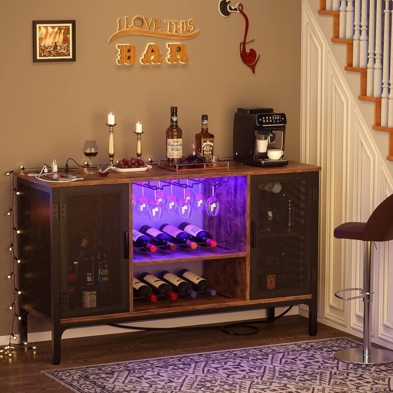 Homieasy Weinbar schrank mit LED-Leuchten und Steckdosen, industrieller Kaffee bar schrank für Schnaps und Gläser,