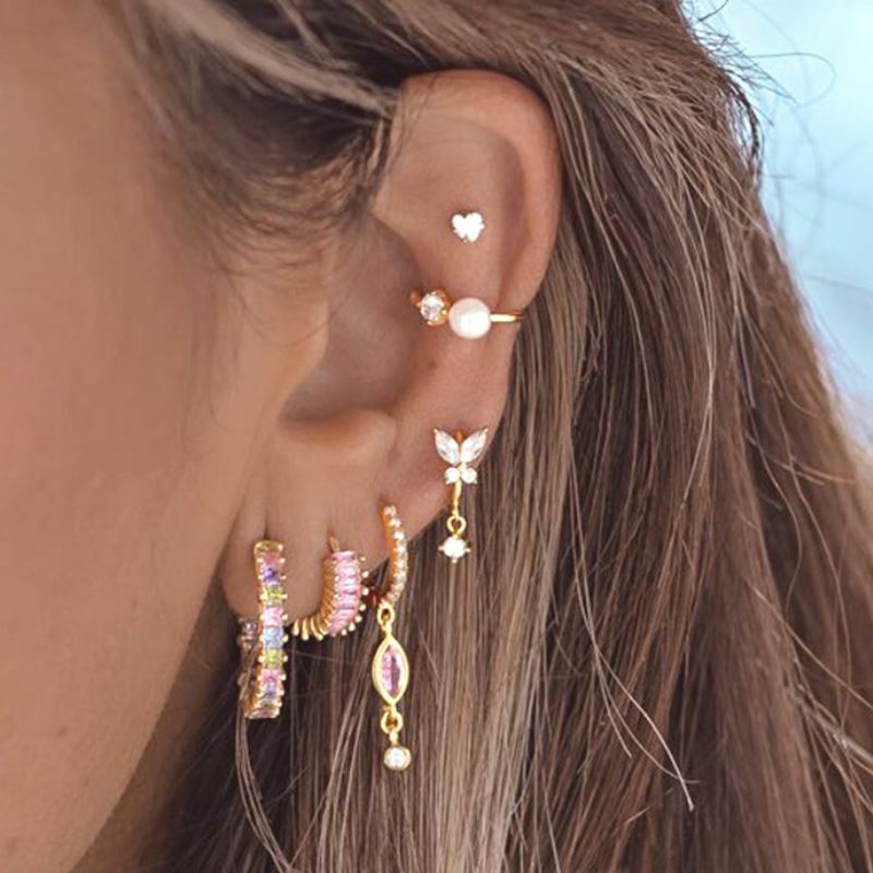 Orecchini a cerchio con cuore in cristallo rosa con ago in argento Sterling 925 per le donne orecchini pendenti geometrici di moda regali di gioielli di lusso