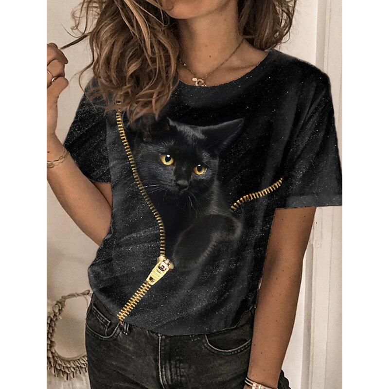 Женская футболка с 3d принтом собаки кошки, модные женские футболки, топы в стиле Харадзюку, милый летний топ большого размера с круглым вырезом, женская одежда 2024