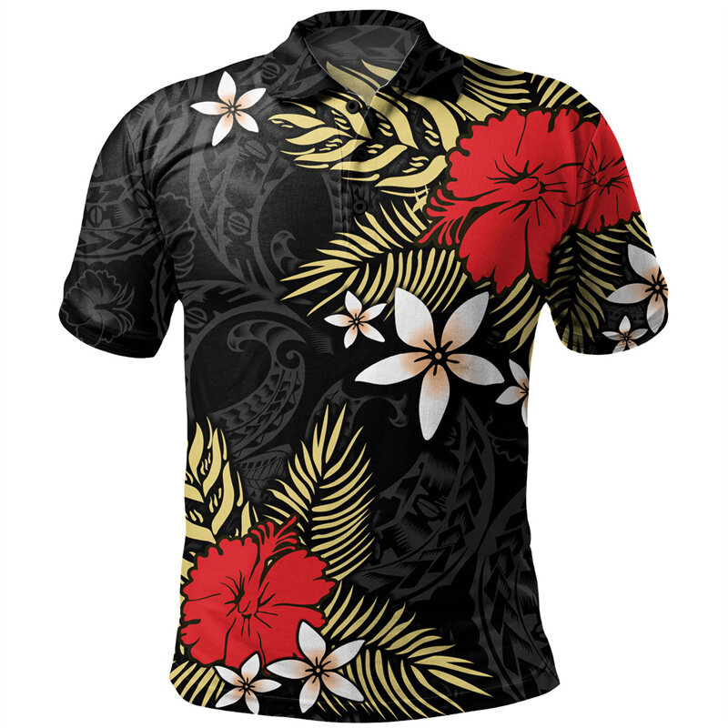 Polynesian Pattern Polo Shirt Men 3D Print Hibiscus Plumeria Flowers Short Sleeves T-shirt Button Loose Hawaiian Lapel T Shirts