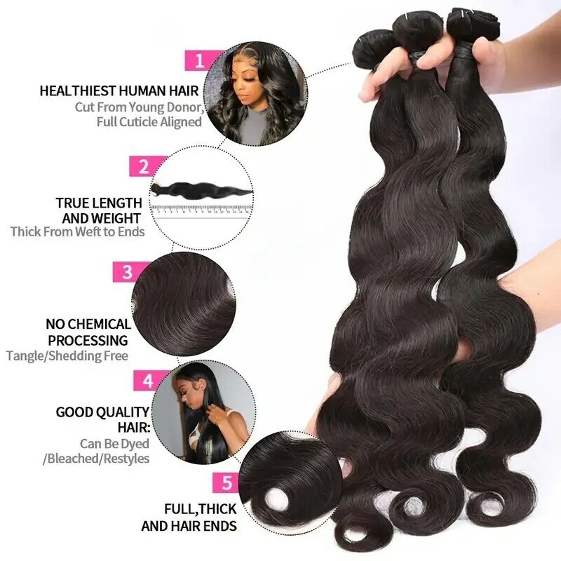 Brazilian Body Wave Weave Bundles, extensões de cabelo Remy, cabelo humano cru, à venda, 30 ", 1 Pc, 3 Pcs, 4 Pcs