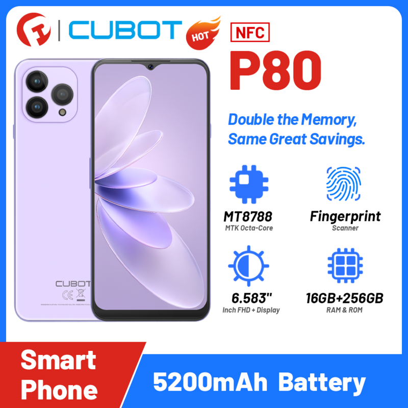 Cubot P80 Global Version 8GB+256GB Smartphone, 5200mAh, 48MP, Dual Sim ,6.58" Cellphone Android 13, NFC, 4G Mobile Phone
