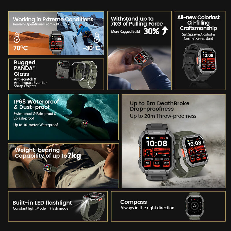 Blackview Smart Watch com Iluminação de Emergência, Chamada Bluetooth, Display HD, TFT, Robusto, Ao Ar Livre, Novo, 2.01 ", W60, 2024