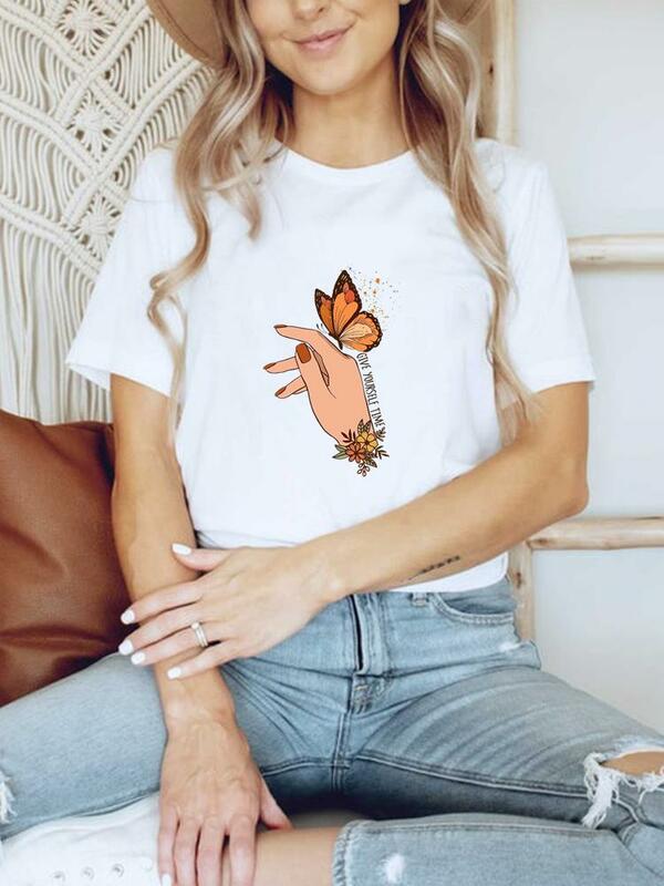Roupas básicas t camisa de impressão de roupas femininas flor borboleta tendência manga curta verão topo moda gráfico camiseta