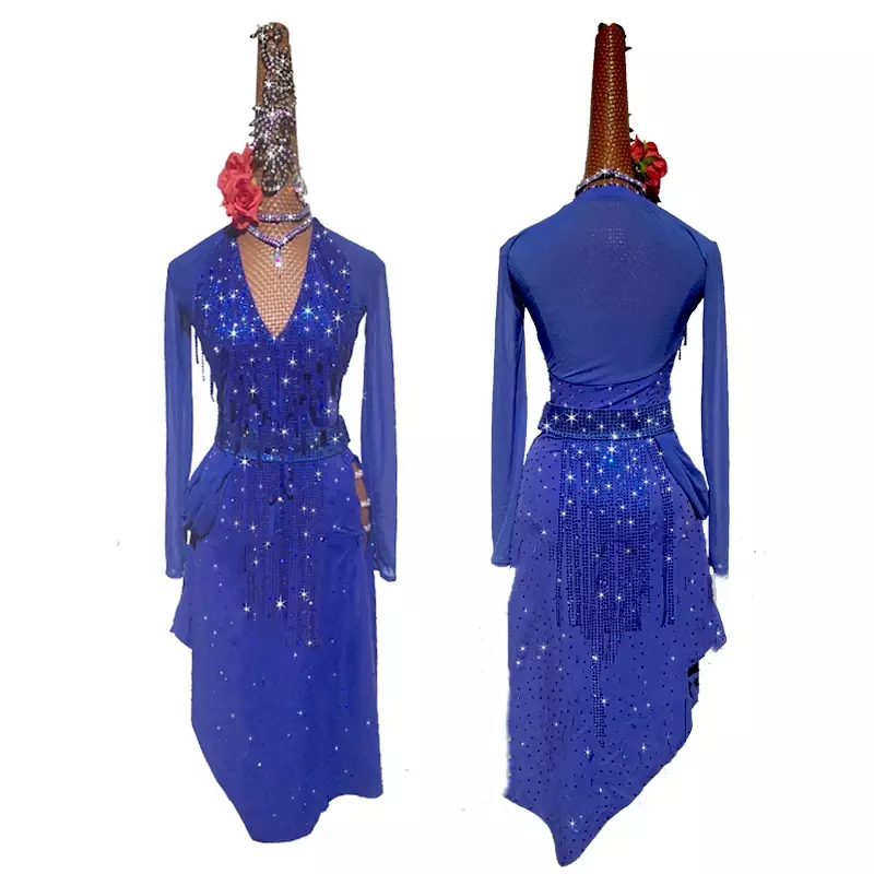 Latin Dance Dress Wettbewerb Kleid Kostüme Rock Performing Kleider Strass steine anpassen Größe Königsblau Fransen gestickt
