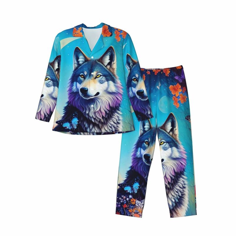 Wolf In Blooming Tree Pajamas Male Flower Print Lovely Room Sleepwear Autumn 2 Pieces Casual Oversize Design Home Suit