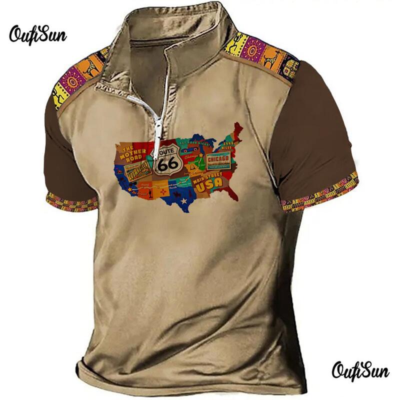 Vintage Polo Shirt For Men 3d Map Print Golf T-Shirt Motorcycle Zip Polo T-Shirt Summer Quick Drying Oversized Men Clothing Tops
