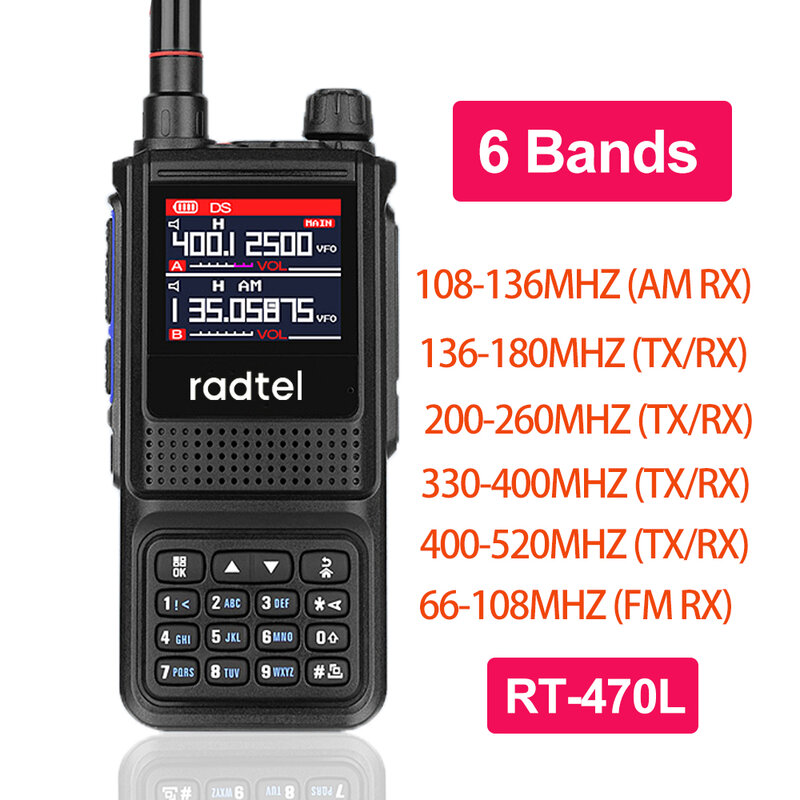 Radtel RT-470L 5W 6 밴드 아마추어 햄 양방향 라디오 스테이션 256CH 에어 밴드 무전기 NOAA LCD 컬러 경찰 스캐너 항공