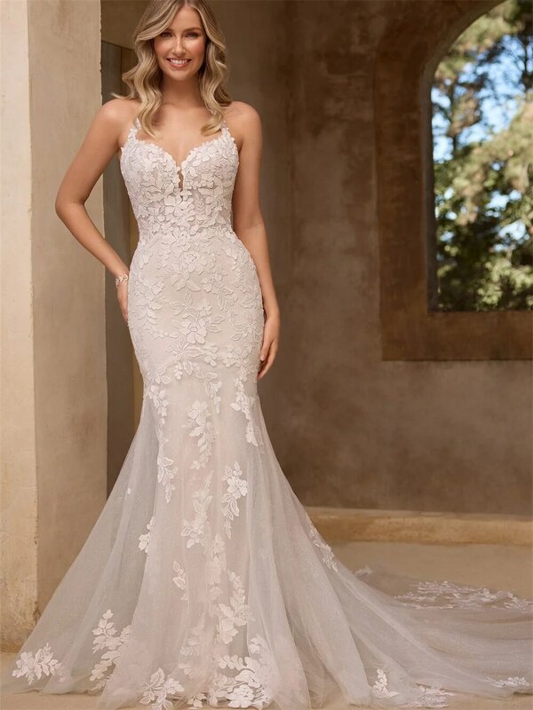 Elegant Mermaid Bridal Gown 2024 Charming Beach Dress Romantic Lace Appliqué Floor Length Gowns for Wedding Guests Vestidos De
