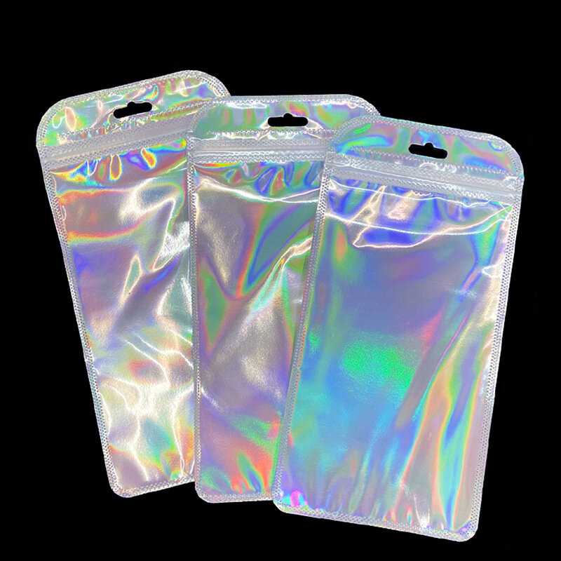 Bolsas Ziplock iridiscentes para exhibición de joyería, bolsas de sellado de plástico transparente grueso con láser, embalaje para pestañas y uñas, artesanía, 50 piezas