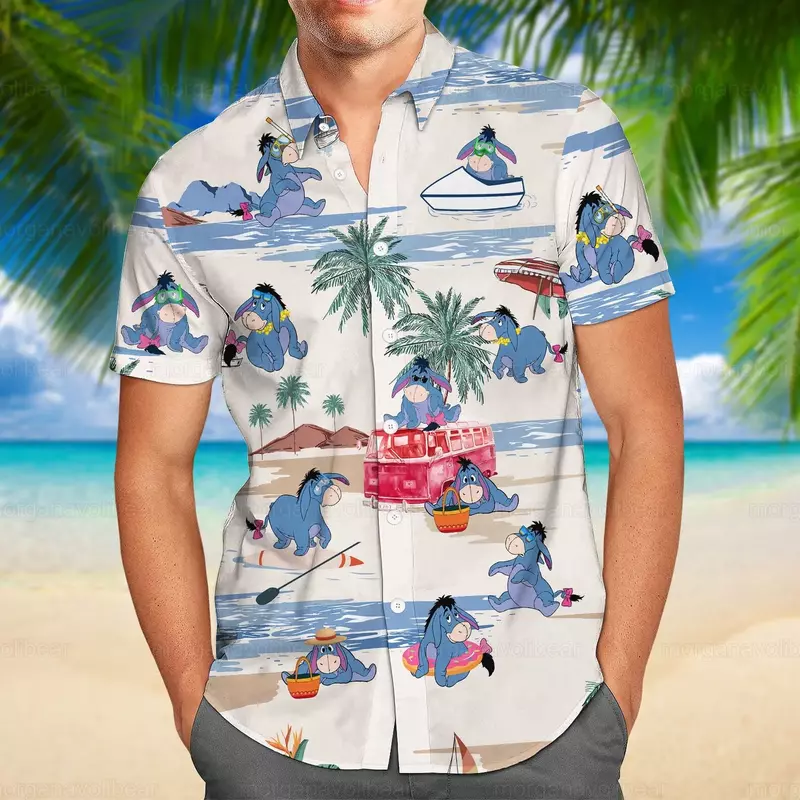 Гавайские рубашки Disney Eeyore, мужские и женские летние рубашки с коротким рукавом, Гавайские рубашки Диснея, повседневные пляжные рубашки с Винни-пухом