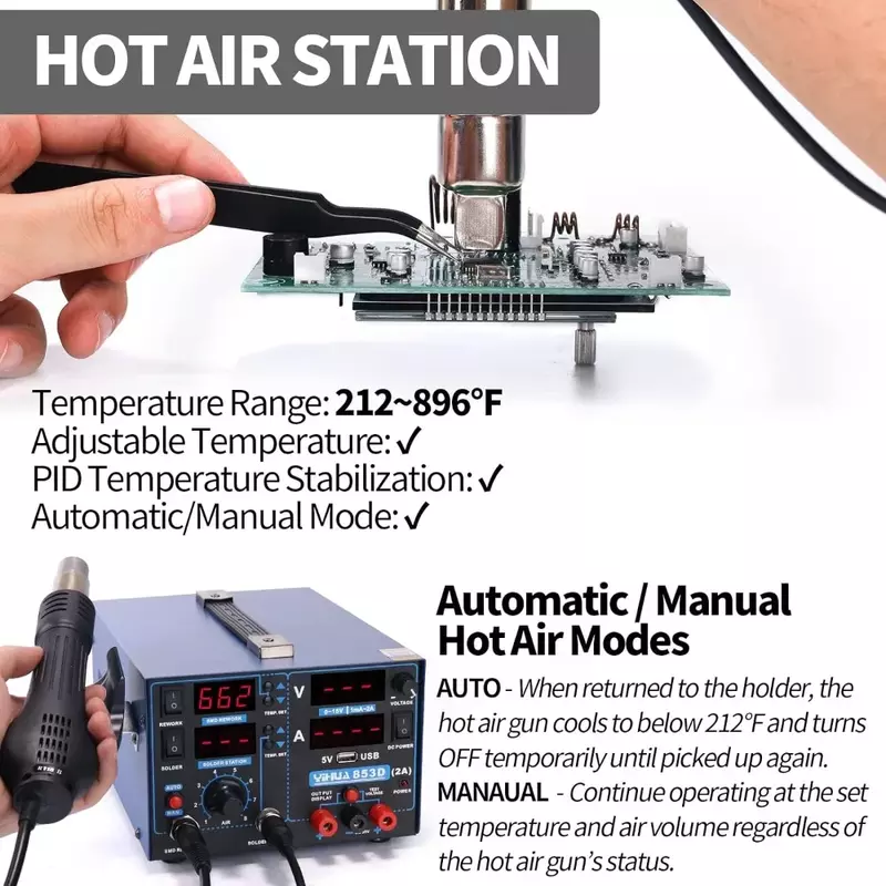 Stacja lutownicza przeróbka na gorące powietrze 2A USB SMD, zasilacz prądu stałego 0-15V 0-2A, 5 V Port ładowania USB 35 V miernik testowy napięcie prądu stałego
