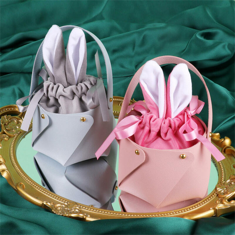 2023 Easter Gift Wrapping Bunny Tote Rabbit Ears Basket Split Leather Portable Party Gift Box Packaging Colorful Egg Box Candy
