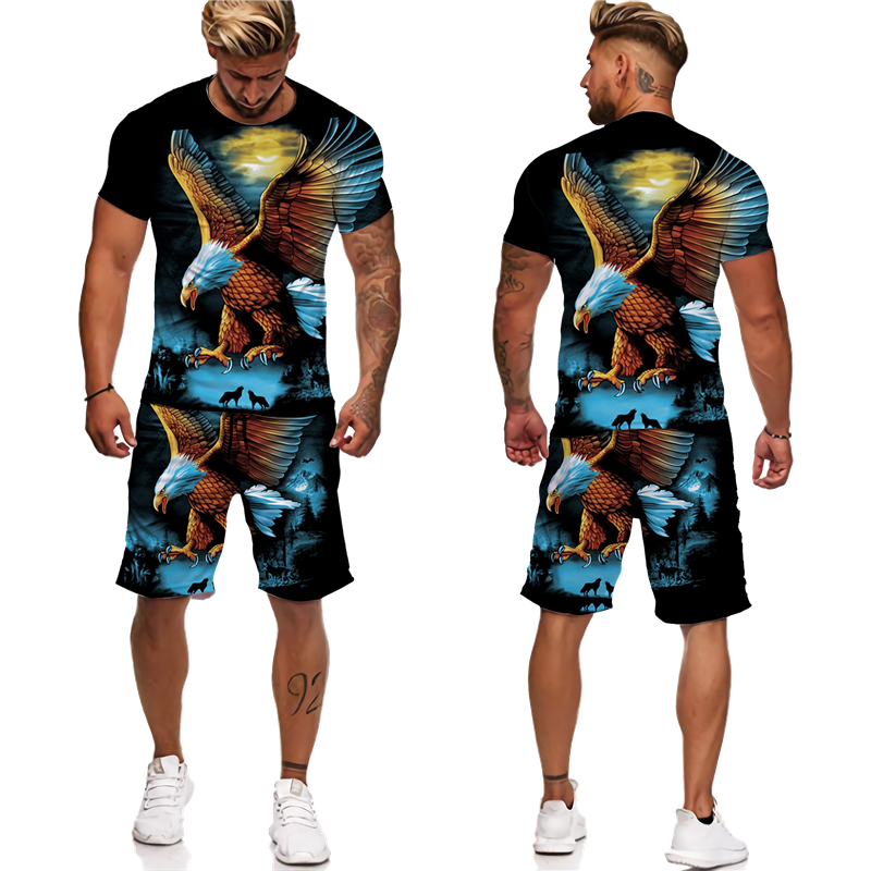Dres męski t-shirt szorty 2 sztuki zestaw garnitur Casual z nadrukiem 3D amerykański orzeł odzież typu Streetwear z krótkim rękawem Oversized odzież męska