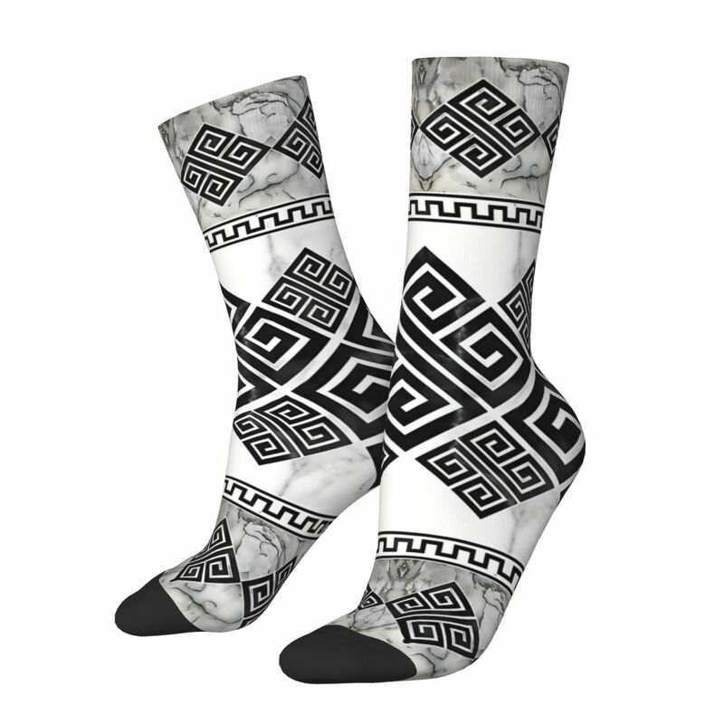 Ornement de clé grecque en marbre noir et blanc, chaussettes Meander Kawaii, chaussettes à motif de dessin animé