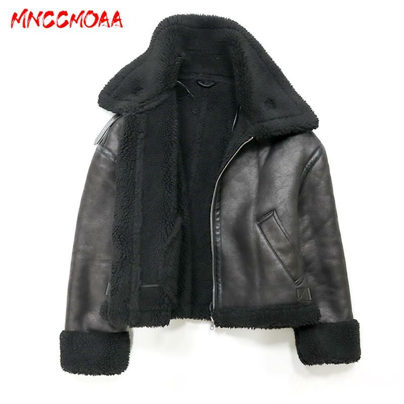 MNCCMOAA pakaian luar kulit imitasi wanita, mantel jaket kulit imitasi hangat tebal longgar mode Musim Dingin 2023
