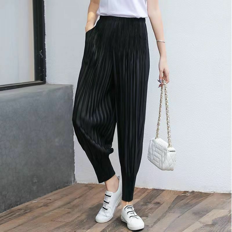Comfortable Simplicity Elastic Waist Loose Solid Pants Fashionable Casual Drape Pleated Spring Summer Thin Women's Clothing